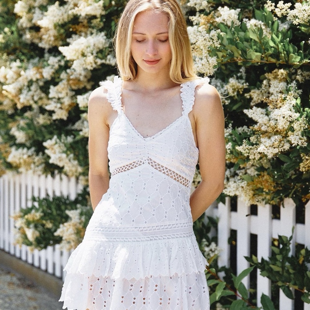NWT LOVESHACKFANCY Desra Ruffled Silk Eyelet Mini Dress